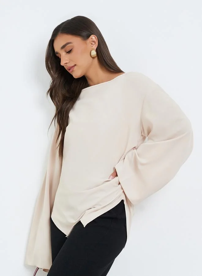 Styli Women Beige Asymmetric Hem Flared Sleeve Blouse